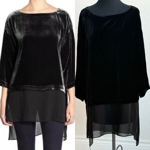 Eileen Fisher Bateau Neck Velvet BLACK Tunic Top Sheer Silk Hem Women’s‎ S/P